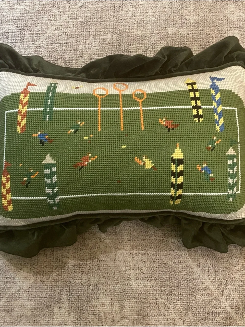 Harry Potter Quidditch Needlepoint Pillow Handmade “Sorry Professor” Ruffle